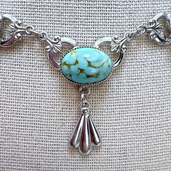 VTG Sterling Silver 925 Turquoise Three Stone Chain Necklace Size 14" Adjustable - Picture 4 of 13